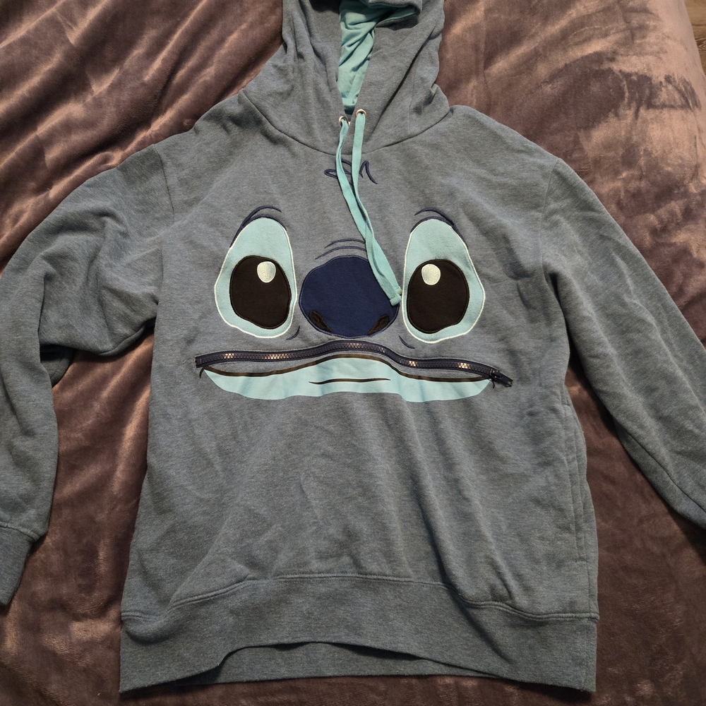 Disney Light Blue Hoodie with Character Design- STITCH! hood has cute ears on it
